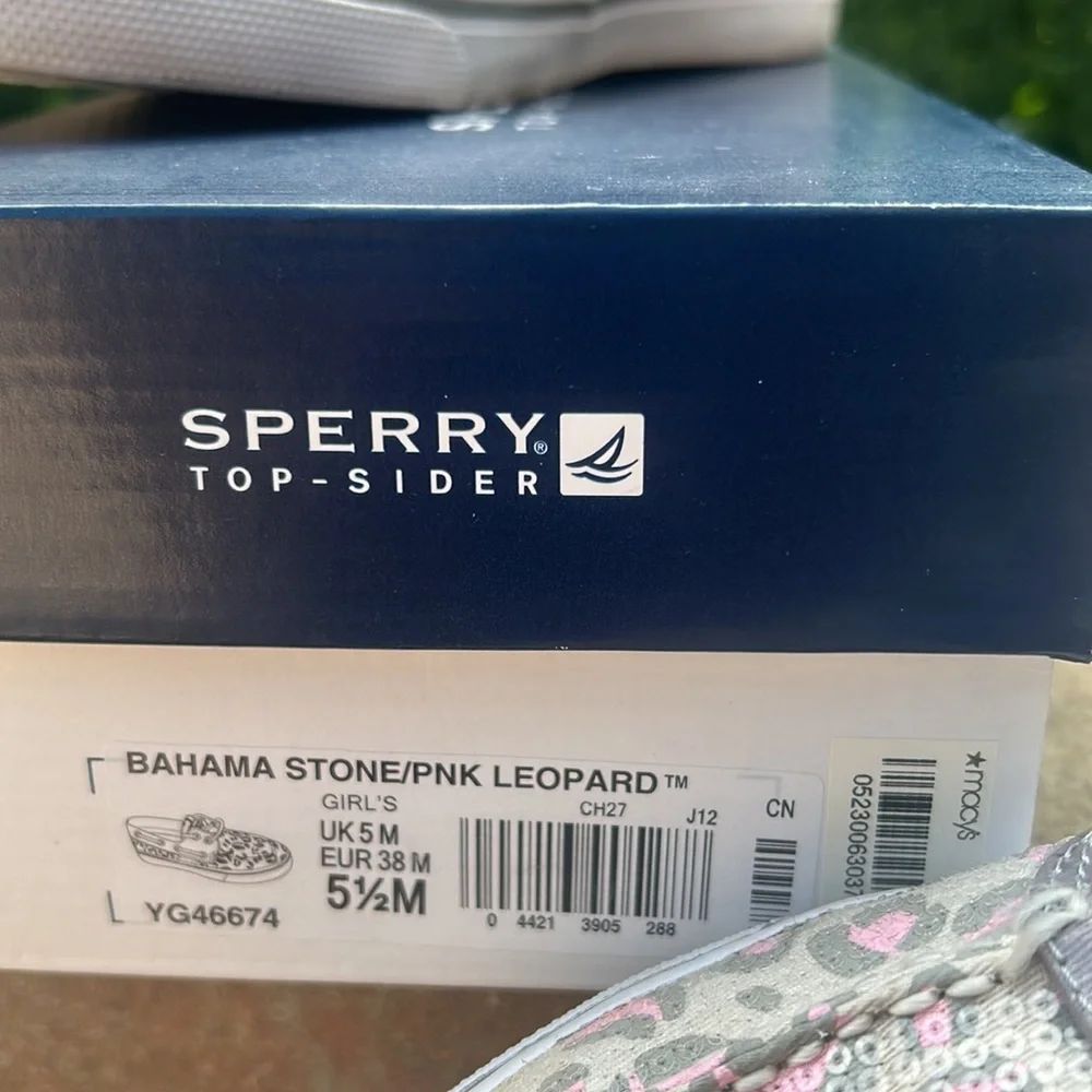 Sperry Top-Sider Bahama Stone / Pink Leopard Girl's Sz 5.5 Sequins w Box YG46674